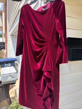 Jessica Howard Wine Red Velvet Long-Sleeve Draped Ruffle Dress